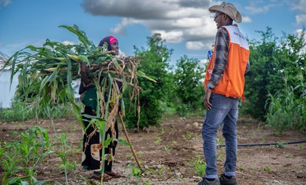 A guy talking to a woman holding corn plants in her hands